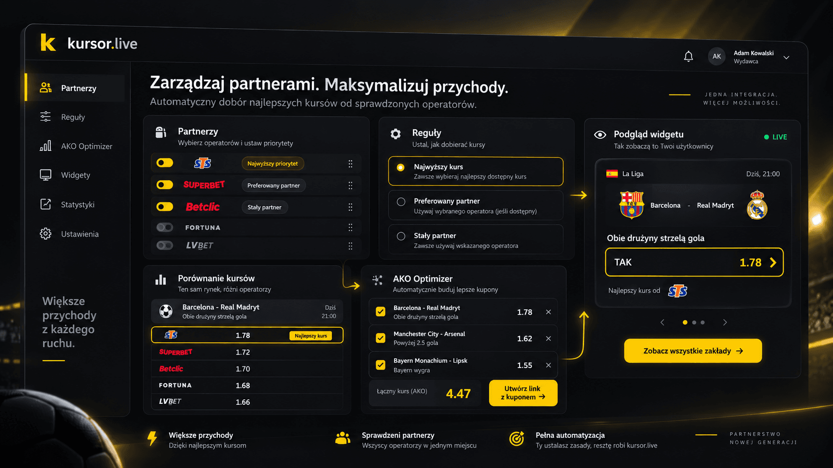 Przykładowy panel kursor.live do wyboru operatorów, reguł, porównania kursów, AKO i podglądu widgetu